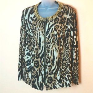 MSK Zip Front Blouse With Sequin Leopard Print Gold Chain Neckline